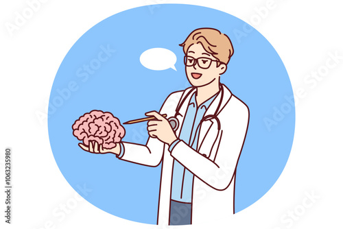 Doctor holds brain in hand explaining work of neurons to students of medical college or university. Concept studying human brain to find possibility of treating alzheimer disease or dementia