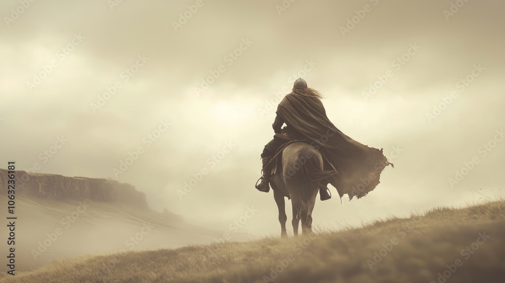 Fototapeta Nordic Freedom - Viking Warrior Riding Majestic Horse in Vast Landscape Capturing Spirit of Adventure | Ultra-Detailed