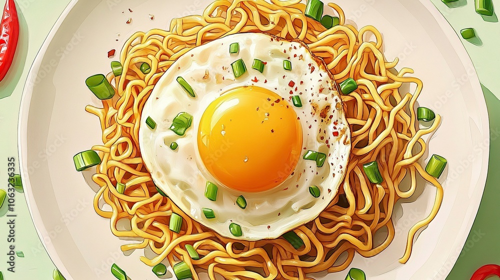 Realistic foody photo style, Top view of a plate of fried noodles with a perfectly cooked sunny-side-up egg on top. ,generative ai Realistic foody photo style, Top view of a plate of fried noodles with a perfectly cooked sunny-side-up egg on top. ,generative ai