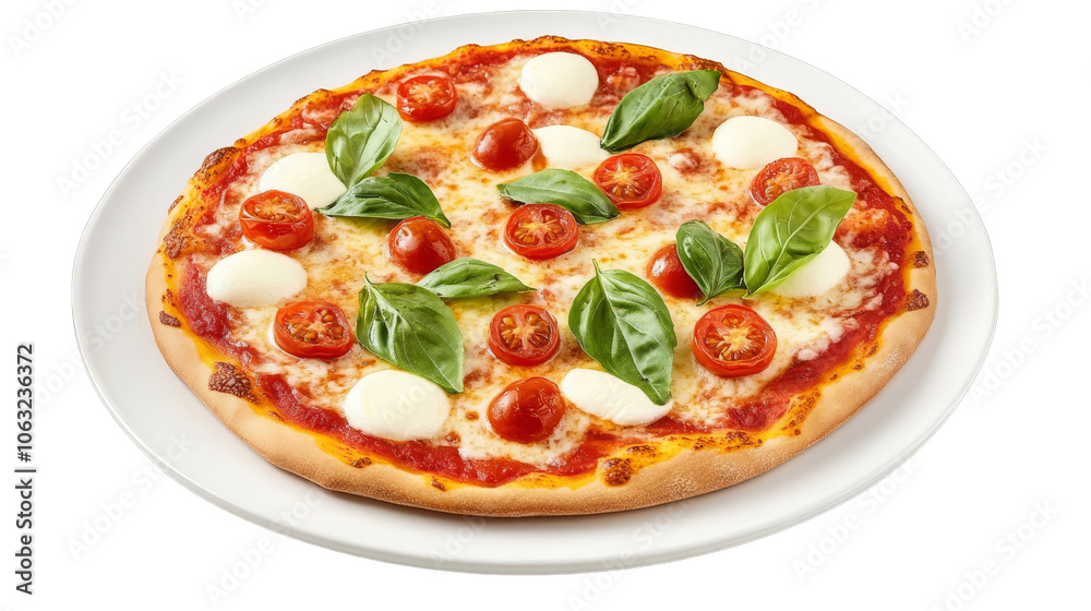 delicious minimalist pizza with thin crust, topped with fresh basil, cherry tomatoes, and mozzarella, on white plate against transparent background. delicious minimalist pizza with thin crust, topped with fresh basil, cherry tomatoes, and mozzarella, on white plate against transparent background.