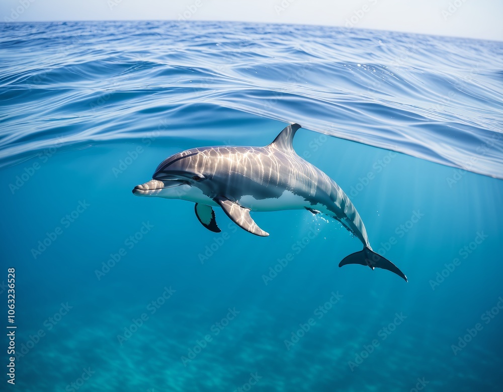 Obraz premium Joyful dolphin gliding through crystal clear ocean waters under sunlit sky
