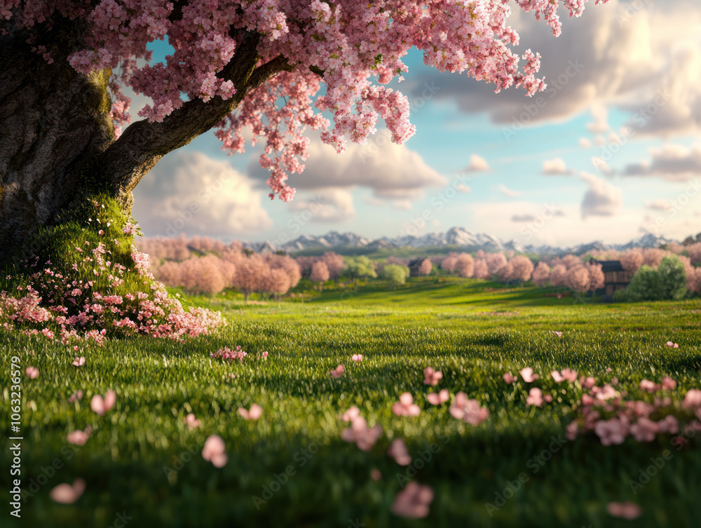 The scene showcases a vibrant cherry blossom tree with pink flowers in full bloom, surrounded by rolling green hills and distant mountains on a bright, sunny day. The scene showcases a vibrant cherry blossom tree with pink flowers in full bloom, surrounded by rolling green hills and distant mountains on a bright, sunny day.