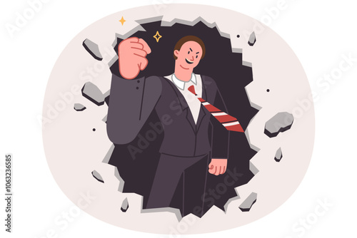 Business man breaks down barrier to success by hitting stone wall to break deadlock
