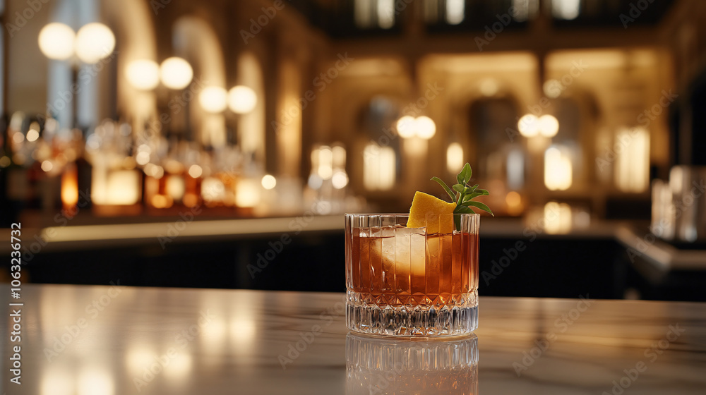 A beautifully crafted cocktail in a crystal glass, garnished with a twist of citrus peel and fresh herbs, sits atop a polished bar. Behind warm lighting illuminates a stylish bar stocked