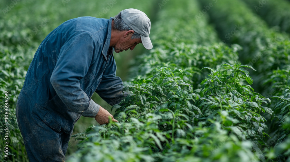 Farmer tending to vibrant green crops in a field during early morning hours, highlighting dedication to sustainable agriculture practices Farmer tending to vibrant green crops in a field during early morning hours, highlighting dedication to sustainable agriculture practices