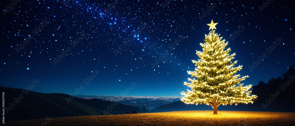 Illuminated christmas tree under a starry night sky on a hilltop Illuminated christmas tree under a starry night sky on a hilltop