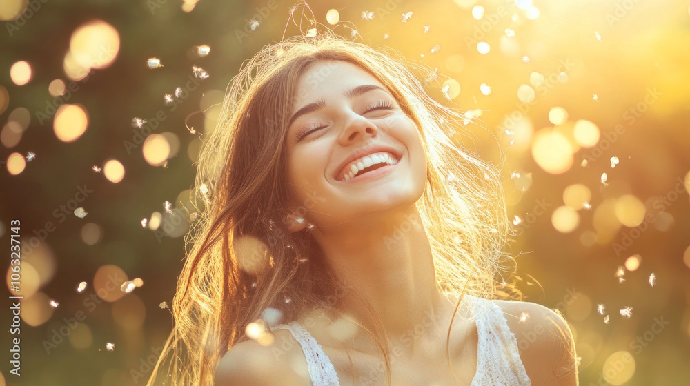A joyful young woman smiles brightly while basking in sunlight, surrounded by floating particles during a warm afternoon outdoors A joyful young woman smiles brightly while basking in sunlight, surrounded by floating particles during a warm afternoon outdoors