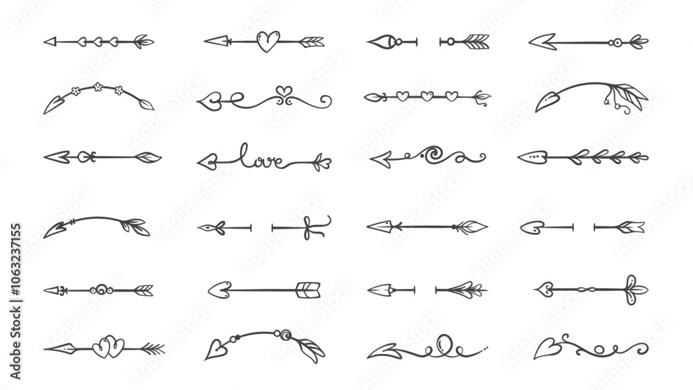 Cupids arrows line icons set. Outline hand drawn dividers with heart, flower and flourish elements. Wedding and love, Valentines Day mascot, cute arrow border icons collection vector illustration Cupids arrows line icons set. Outline hand drawn dividers with heart, flower and flourish elements. Wedding and love, Valentines Day mascot, cute arrow border icons collection vector illustration