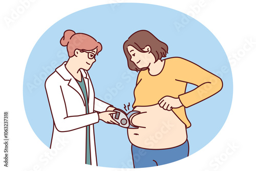 Woman nutritionist measures size of fat layer in overweight patient to give recommendations on dietary. Girl visits nutritionist or plastic surgery clinic and wants to do liposuction to become slim
