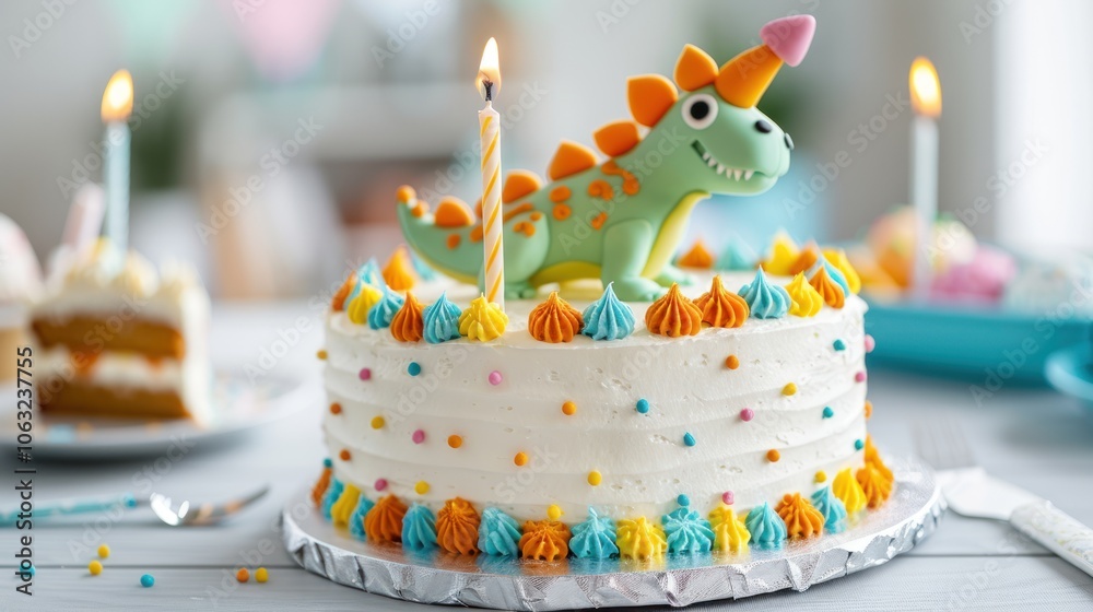 A colorful dinosaur-themed cake decorated with frosting, candles, and a playful dinosaur figure, perfect for a children's birthday celebration.