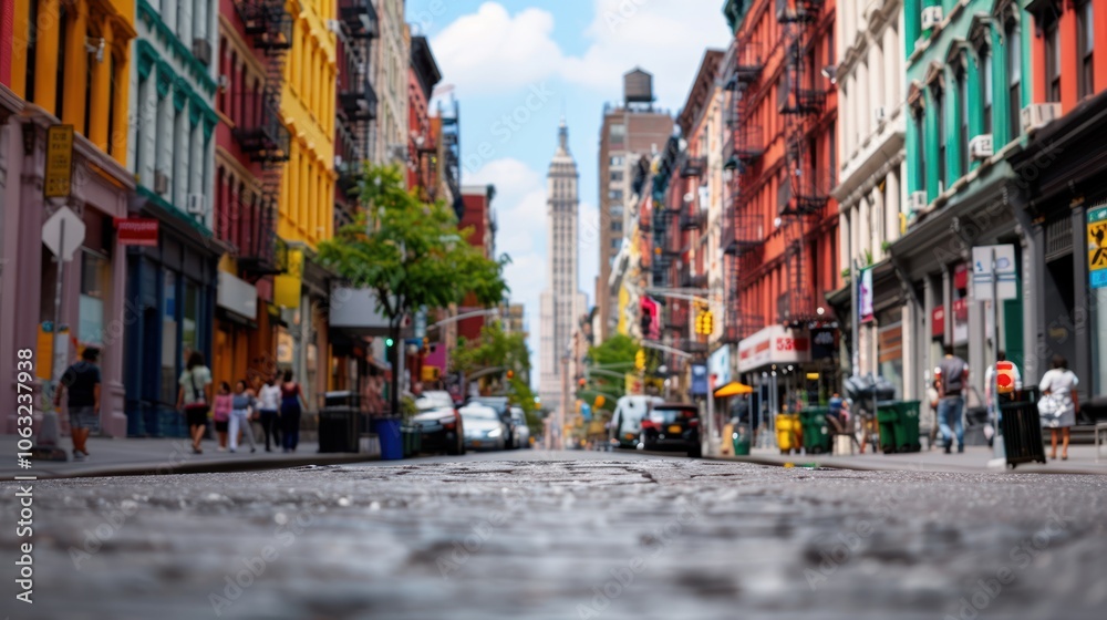 A vibrant city street lined with colorful buildings and shops, leading towards a tower in the distance under a bright blue sky. A vibrant city street lined with colorful buildings and shops, leading towards a tower in the distance under a bright blue sky.