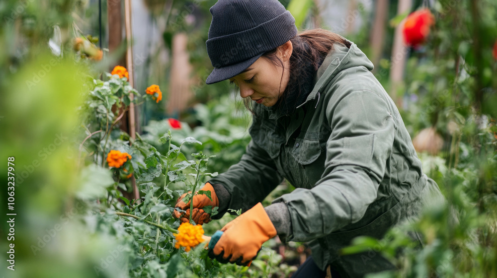 Sustainable gardening: Pruning marigold plants in a vibrant garden during early spring for better growth and health Sustainable gardening: Pruning marigold plants in a vibrant garden during early spring for better growth and health