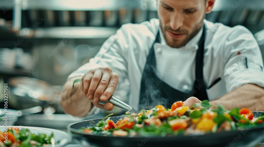 A chef skillfully prepares a colorful dish in a bustling kitchen, showcasing culinary artistry and fresh ingredients.
