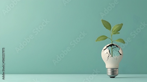 A lush green plant sprouting from the cracked glass of a light bulb symbolizing the power of fresh ideas creative growth and the potential for innovation to emerge from unexpected sources