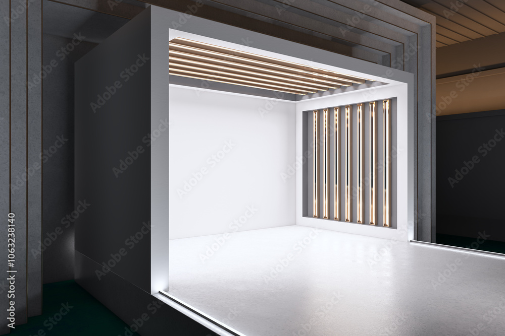 Fototapeta premium Small white theater stage design with empty mock up place. Performance and act concept. 3D Rendering.