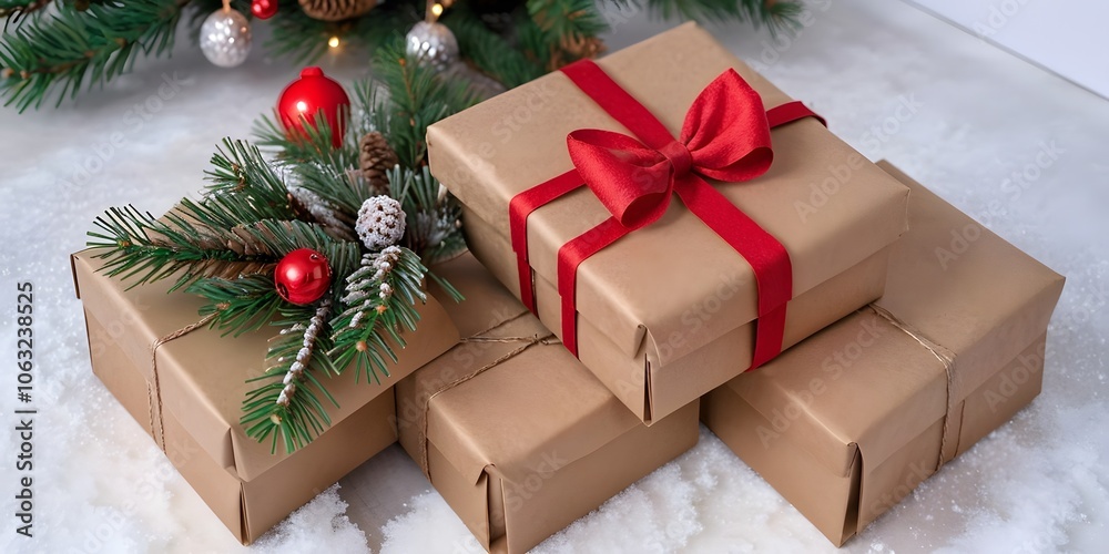 Gift box wrapped in kraft paper, red ribbon bow, snowy pine branch setting. Gift box wrapped in kraft paper, red ribbon bow, snowy pine branch setting.