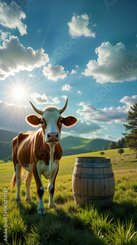 A friendly cow stands beside a wooden barrel on a lush green farm under a sunny sky. Perfect for agricultural themes, farm marketing, and nature-related projects photo