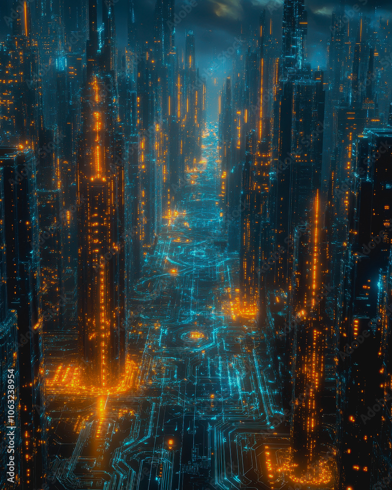 Futuristic Virtual Circuit Landscape at Night Futuristic Virtual Circuit Landscape at Night
