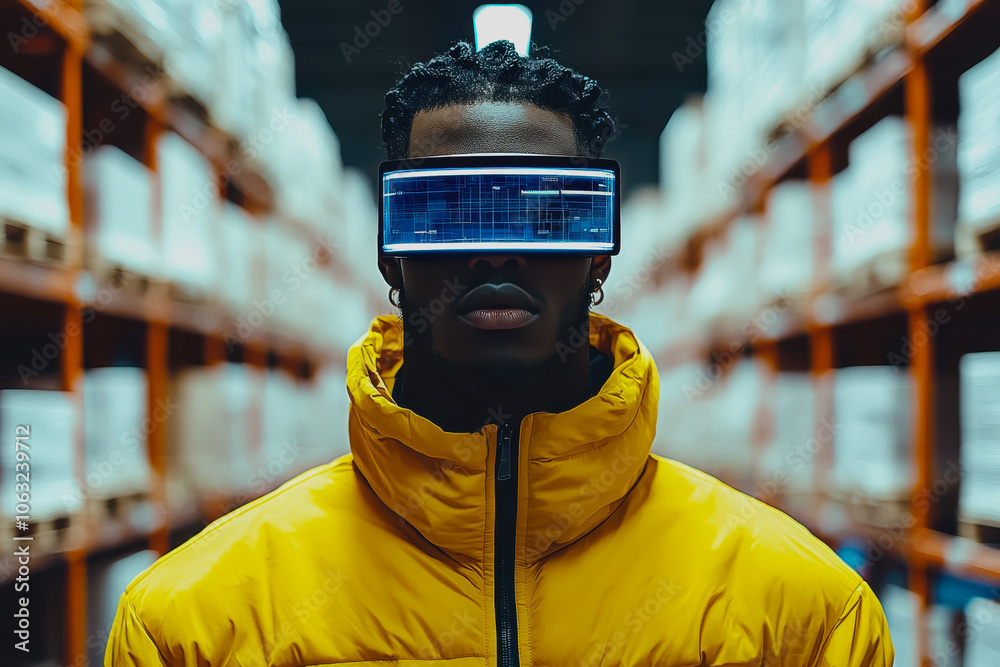 A man stands confidently in a modern warehouse, showcasing futuristic glasses that highlight a blend of technology and style. The urban environment adds a unique dimension to the scene. A man stands confidently in a modern warehouse, showcasing futuristic glasses that highlight a blend of technology and style. The urban environment adds a unique dimension to the scene.