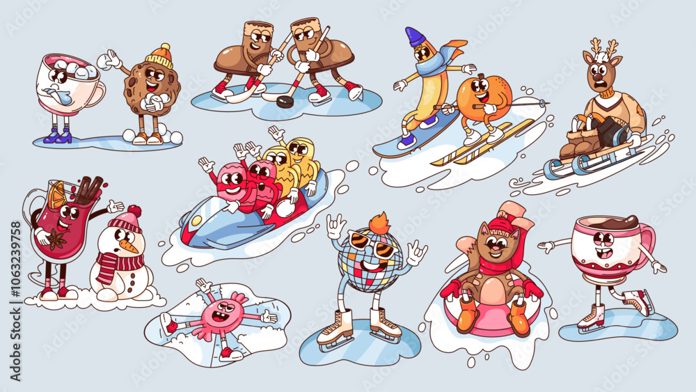 Fototapeta premium Winter activity stickers of groovy cartoon characters set. Funny retro winter season elements, mascots riding sleds, snowboard, ice skating. Cartoon collection of 70s 80s style vector illustration