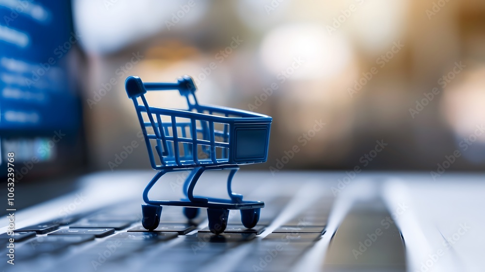 E-commerce Symbol with Shopping Cart on Laptop Keyboard