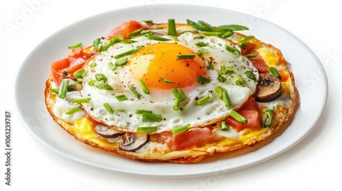 fried egg with sausages, mushrooms and green onions render. Isolated breakfast food icons, omelette with fresh vegetables and mea