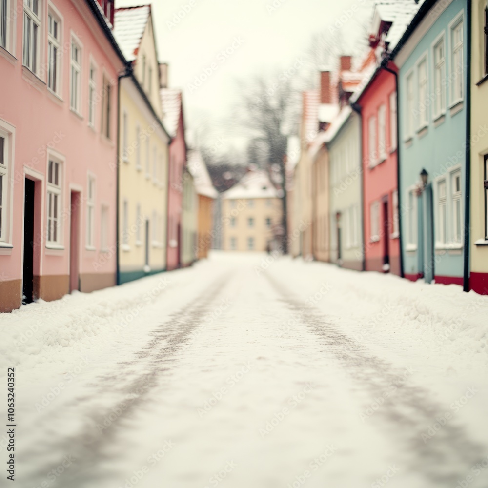 Obraz premium Snow-covered street lined with pastel-colored buildings in winter.