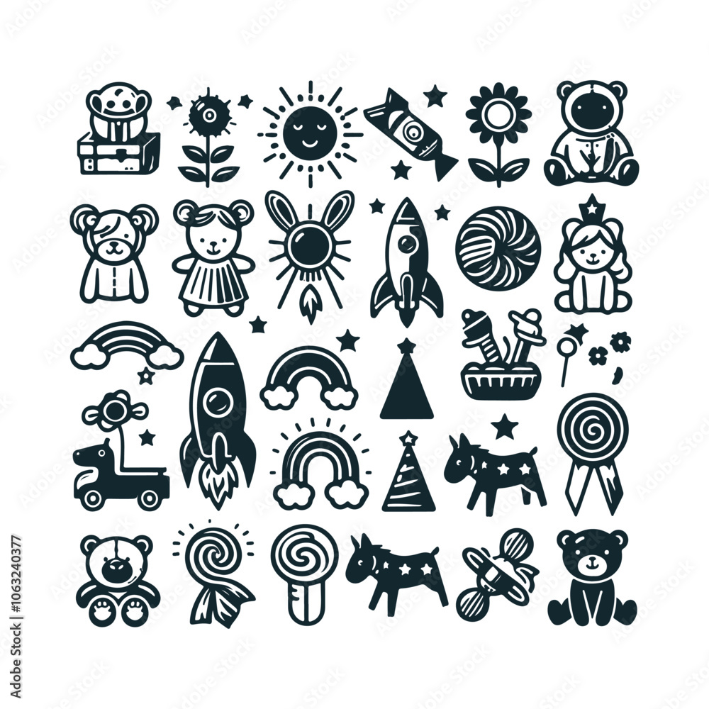 Whimsical Kids Icon Set Silhouettes vector illustration Whimsical Kids Icon Set Silhouettes vector illustration