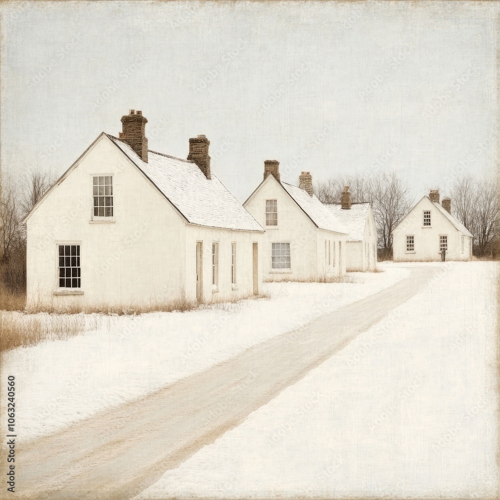 A serene winter scene featuring white houses along a snowy path. A serene winter scene featuring white houses along a snowy path.