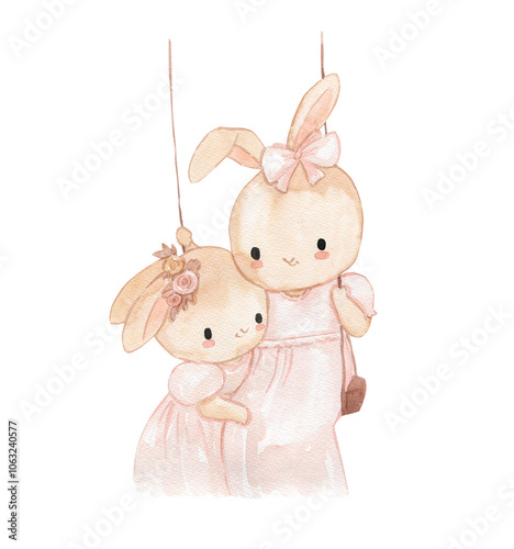 Watercolor bunny on the swing illustration for kids