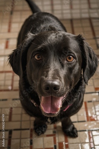 Wallpaper Mural A Black Dog Relaxing on a Tiled Floor with Tongue Out Torontodigital.ca