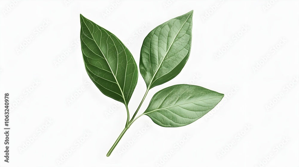 a realistic marjoram sprig, fresh green leaves, detailed veins, photorealistic, isolated on white background