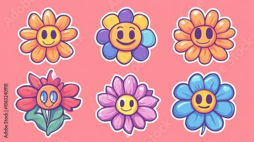 Groovy flower cartoon characters. Funny happy daisy with eyes and smile. Sticker pack in trendy retro trippy style. Isolated vector illustration. Hippie 60s