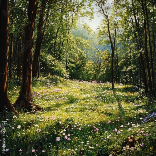 Spring forest clearing with early wildflowers and emerging greenery