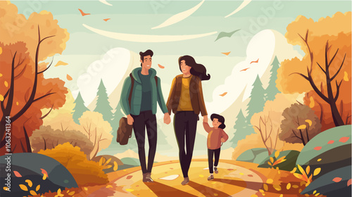 Flat illustration of family on a walk. Spending time together with family.