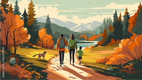 Flat illustration of family on a walk. Spending time together with family.