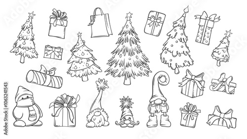 Christmas set of festive line icons. Outline cute snowman and gnome characters, hand drawn sketch of present box and Xmas tree. Merry Christmas, Happy New Year icons collection vector illustration