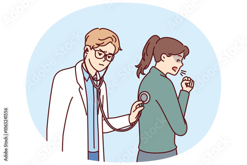Doctor uses stethoscope examining coughing patient and auscultating woman suffering from flu or pandemic. Hospital doctor examines girl with diseased bronchi or tuberculosis disease