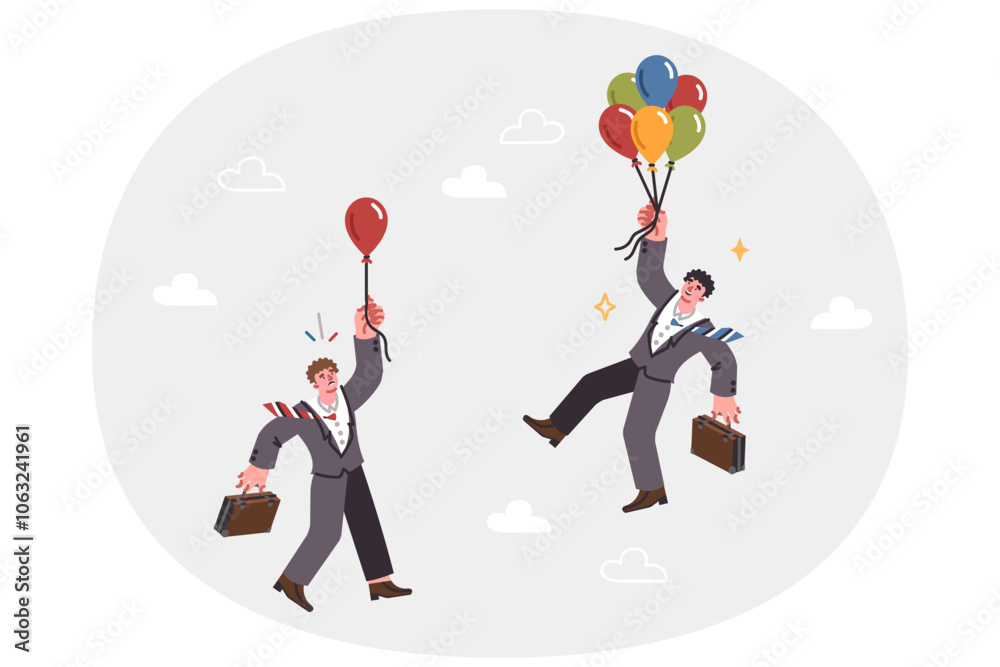 Competition businessmen flying balloons in attempt to overtake opponent and first to reach goal Competition businessmen flying balloons in attempt to overtake opponent and first to reach goal