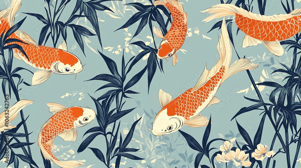 A seamless pattern of koi fish swimming in a blue pond with bamboo. A seamless pattern of koi fish swimming in a blue pond with bamboo.