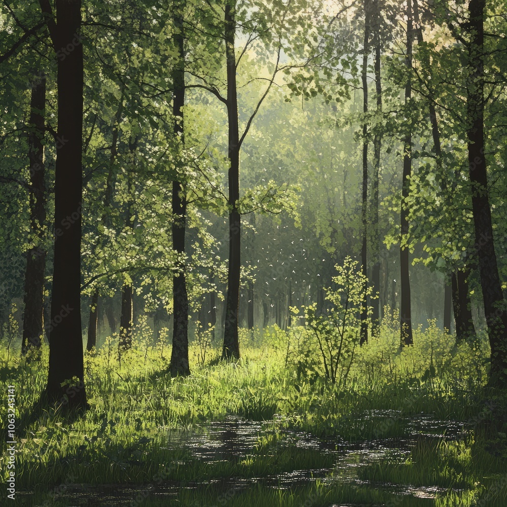 Obraz premium Spring forest glade with new foliage and early morning dew