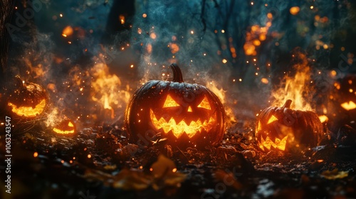 Halloween pumpkins burning in a spooky forest at night