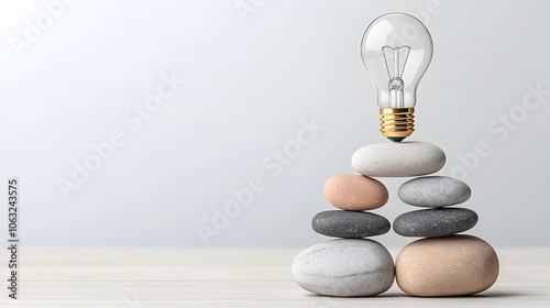 Illuminating Balance A Lightbulb Perched Atop a Stack of Stones Representing the Harmony and Clarity Found in Innovative Solutions photo