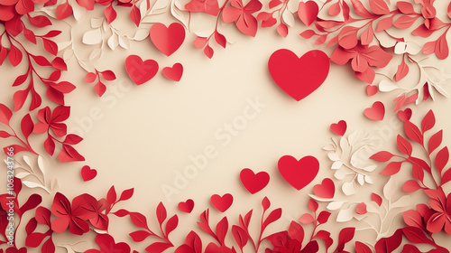 Valentine's Day card in paper cut style with paper hearts and flowers with copy space for your message or text. Valentines Day background