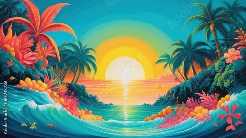 A vibrant tropical landscape featuring a brilliant sunset, lush palm trees, and a majestic pyramid. Perfect for travel, vacation, or exotic theme projects