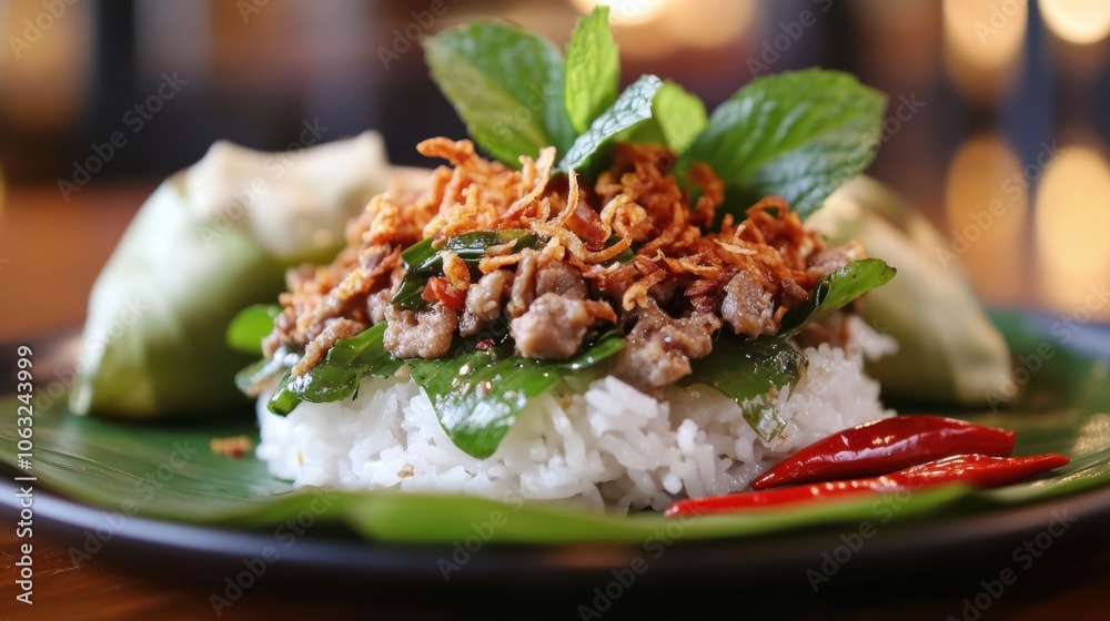 Close-up of a beautifully plated Northern Thai Larb salad, Close-up of a beautifully plated Northern Thai Larb salad,