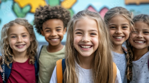 Happy kids and teacher at school