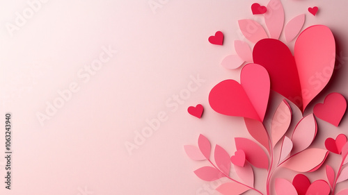 Valentine's Day card in paper cut style with paper hearts and flowers with copy space for your message or text. Valentines Day background