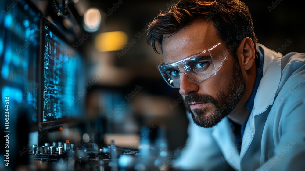 Male engineer using artificial intelligence to design micro electronics in the lab Male engineer using artificial intelligence to design micro electronics in the lab