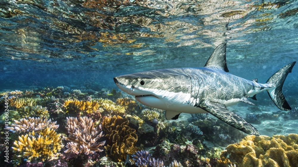 Obraz premium Great white shark gliding through shallow ocean waters, surrounded by a stunning array of colorful corals
